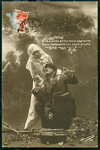 Une jeune infirmière vient chercher un blessé sur le champ de bataille pour l'emmener à l'ambulance.  - 1914