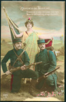 Carte patriotique montrant une jeune femme représentant la République qui encourage deux soldats français en uniforme à se battre jusqu'à la mort  - 1916