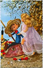 Carte postale couleur du premier avril montrant un poisson entour de figurines et de poupes.  - 1955