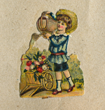 Chromo montrant un jeune garçon qui arrose des fleurs.  - 1885