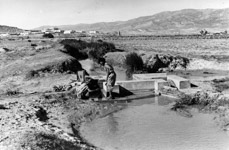 Deux jeunes filles puisent de l'eau au canal d'irrigation am�nag�.  - Tunisie - 1936