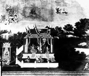 Un tissu imprimé montrant une scène religieuse bouddhiste  - Viet Nam - 1890