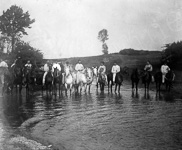 Manoeuvre militaire, des soldats  cheval traversent une rivire  - 1900